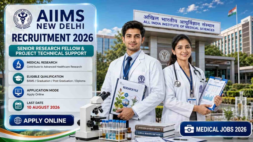 AIIMS New Delhi Recruitment 2026 notification for 4 Project posts including Senior Research Fellow and Project Technical Support positions.