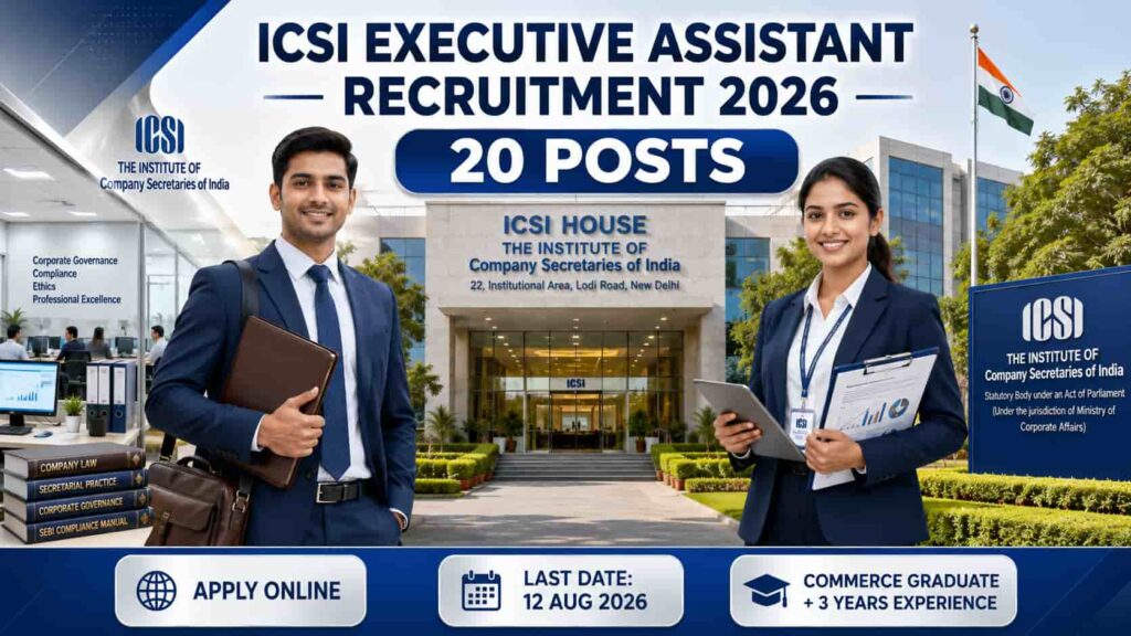ICSI Executive Assistant Recruitment 2026 notification for 20 vacancies with online application details.