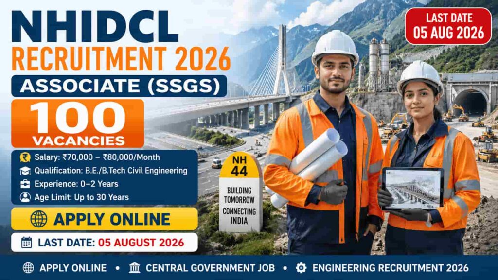 NHIDCL Associate Recruitment 2026 notification for 100 Civil Engineering Associate posts under the State Specific Graduate Scheme.
