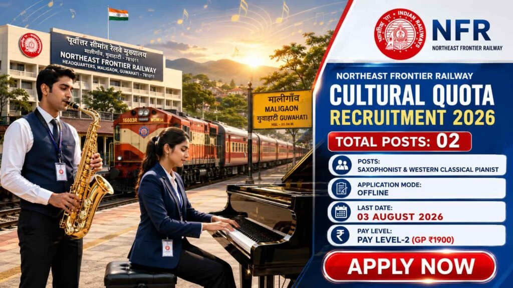 Northeast Frontier Railway Cultural Quota Recruitment 2026 notification for 2 Saxophonist and Western Classical Pianist posts.