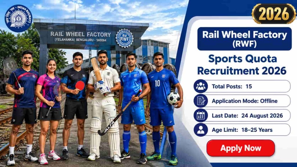 Rail Wheel Factory Sports Quota Recruitment 2026 notification for 15 Level-1 and Level-2 sports person posts through offline application.
