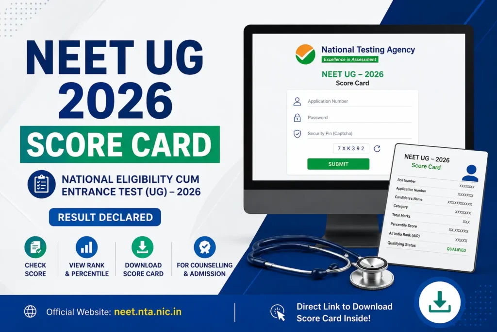 NEET UG 2026 Score Card download page showing NTA result login for Application Number, Password, and Security Pin.