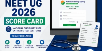 NEET UG 2026 Score Card download page showing NTA result login for Application Number, Password, and Security Pin.