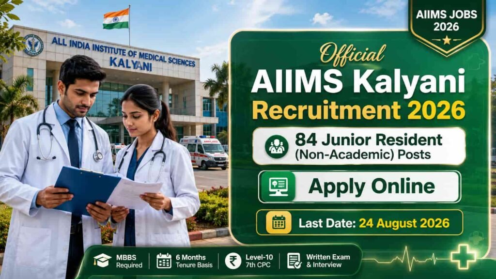 AIIMS Kalyani Recruitment 2026 notification for 84 Junior Resident (Non-Academic) posts with online application details.