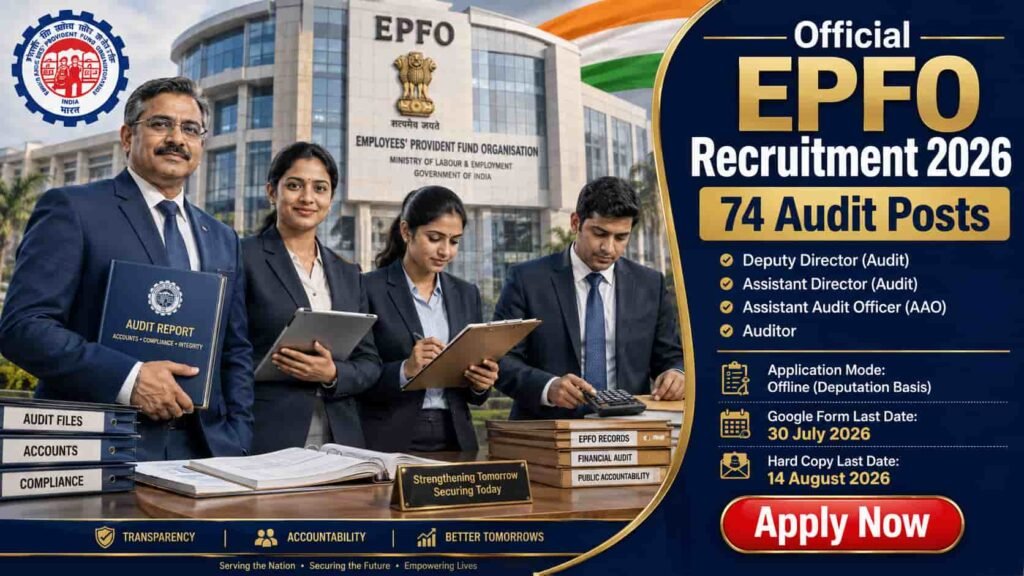 EPFO Recruitment 2026 notification inviting offline applications for 74 Deputy Director, Assistant Director, Assistant Audit Officer and Auditor posts.