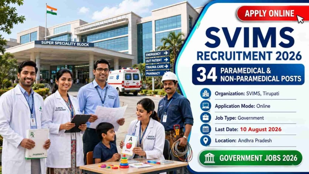 SVIMS Recruitment 2026 notification inviting online applications for 34 Paramedical and Non-Paramedical vacancies in Tirupati.